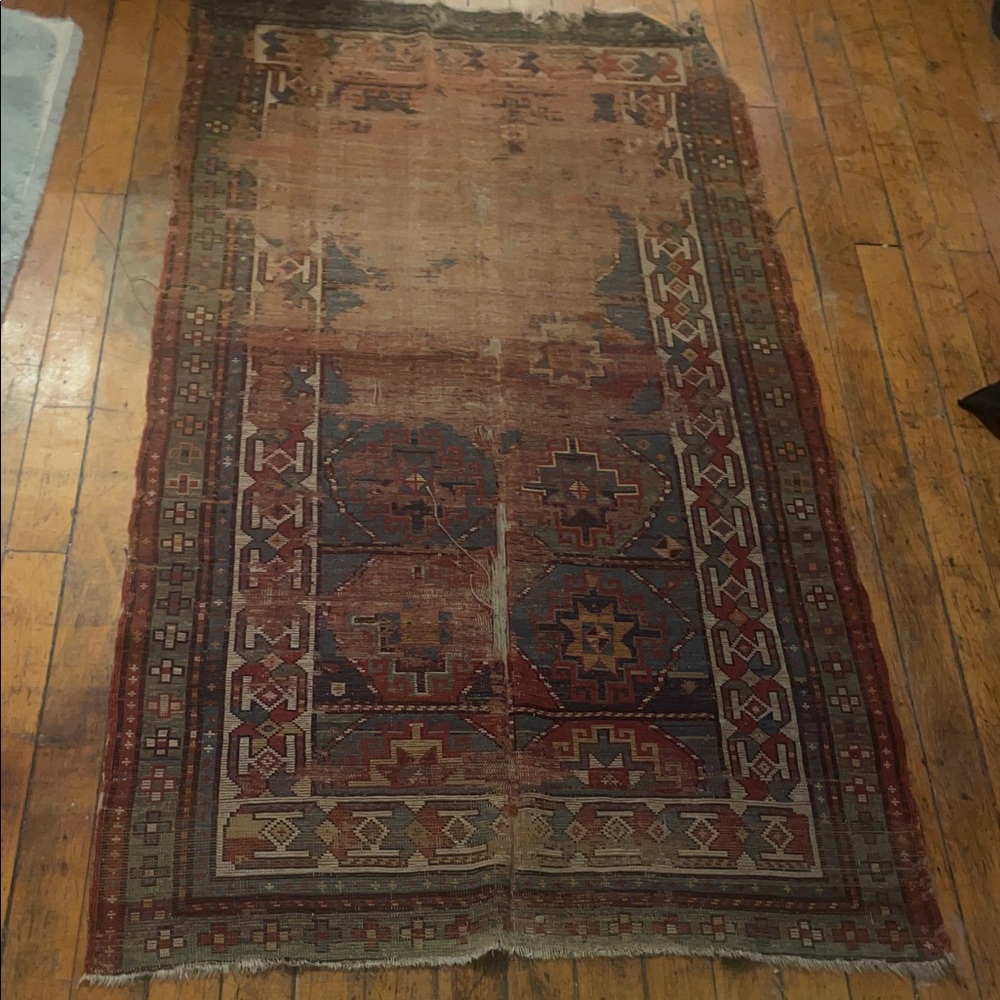 Vintage Antique Caucasian Kazah Persian Distressed Thrashed Patterned Rug